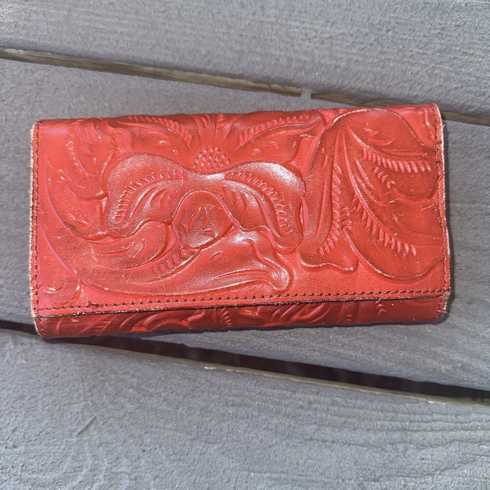 Patricia Nash Terresa RFID Flap Wallet Large Organizer Tri Fold Magenta Tooled
